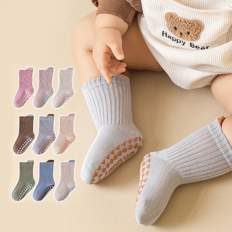 3 Pairs Newborn Floor Socks Anti Slip Trampoline Toddler Socks Indoor Walking Solid Color Kids Floor Socks For Boys And Girls