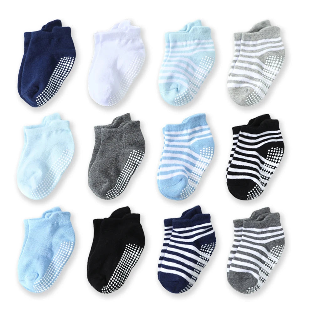 12 pairs solid-color anti-slip boys' socks, striped baby walking socks, kid's adhesive trampoline socks