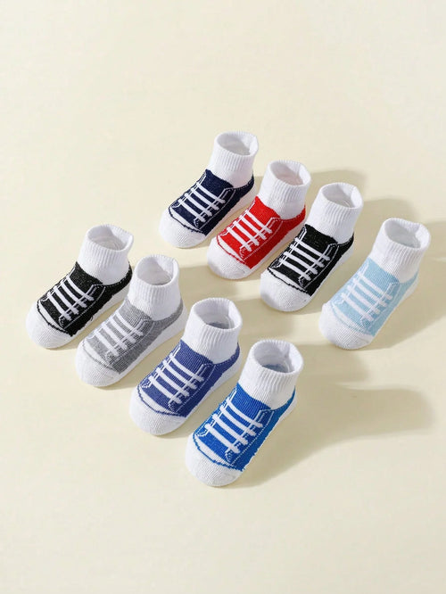 8 Pairs of Baby Boys Sporty Short Socks, Fashion Soft Breathable Two-Piece Set (Fake) Short Socks for 0-12 Months Newborn Infant