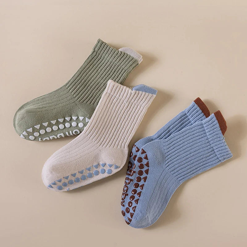 3 Pairs Newborn Floor Socks Anti Slip Trampoline Toddler Socks Indoor Walking Solid Color Kids Floor Socks For Boys And Girls
