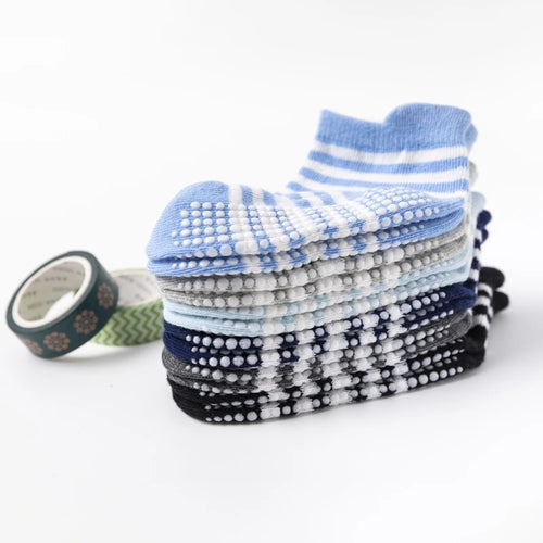 12 pairs solid-color anti-slip boys' socks, striped baby walking socks, kid's adhesive trampoline socks